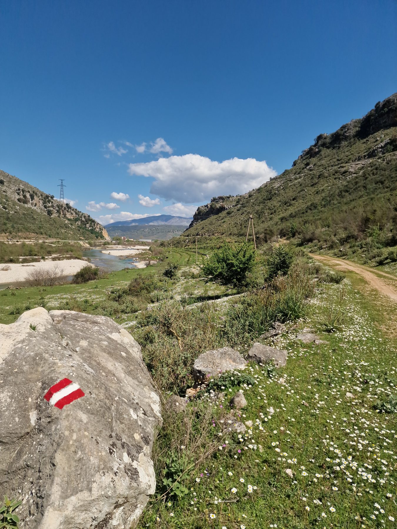 The wide river valley below the mountains