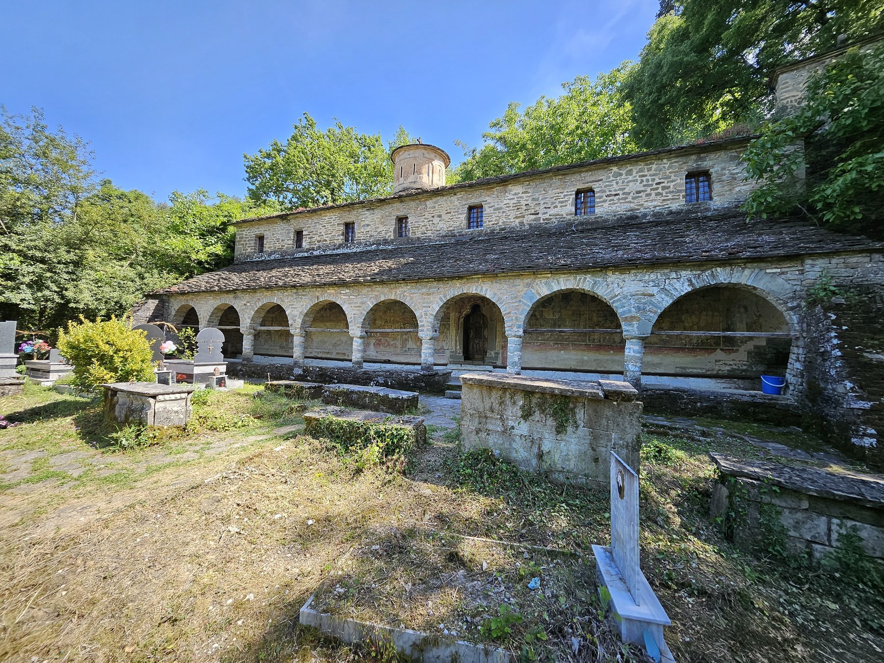 A mountain monastery with arched cloisters